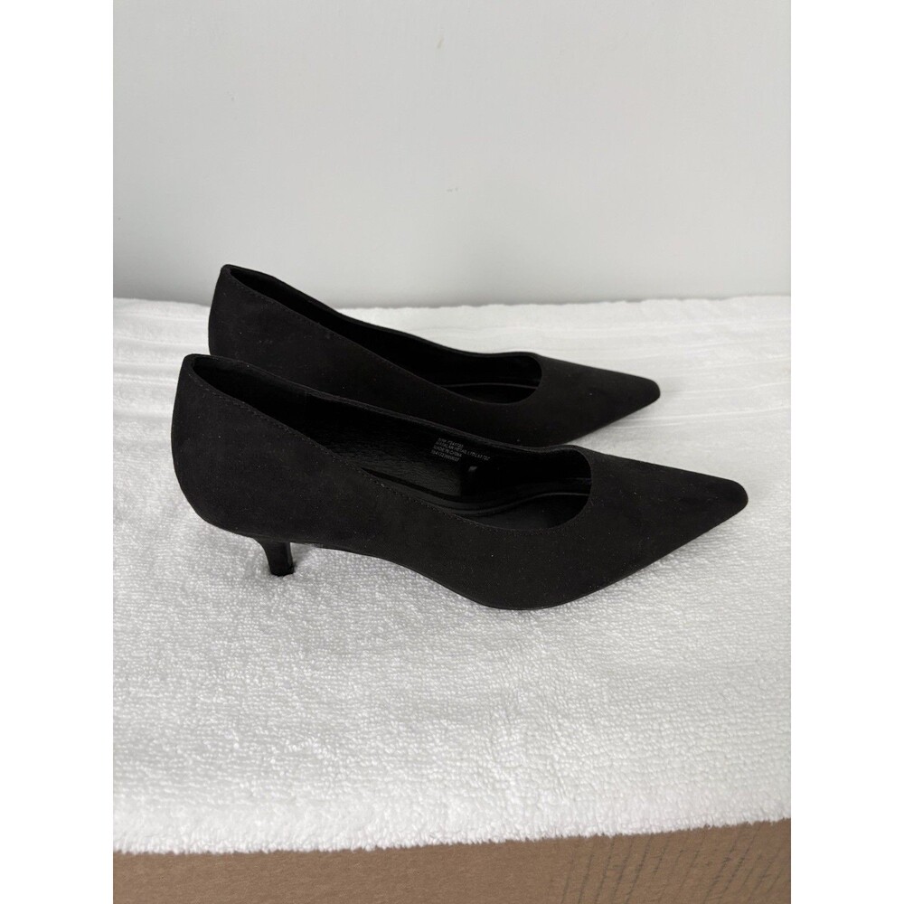 Faux Black Suede Comfort Pointed Toe Kitten Heel Pump Women US Size 7 UK Size 5